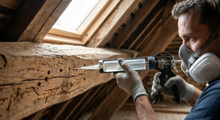 Main d'homme appliquant une lasure ou vernis protecteur sur voilage en bois extérieur avec pinceau à manche rouge