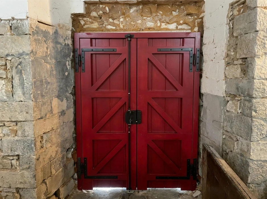 Porte double en bois massif peinte en rouge bordeaux, encadrée dans un mur en pierre de taille apparente