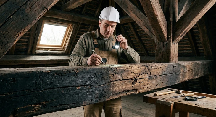 Intérieur d'un bâtiment rénové présentant une charpente traditionnelle apparente avec poutres en bois massif et fermes triangulaires