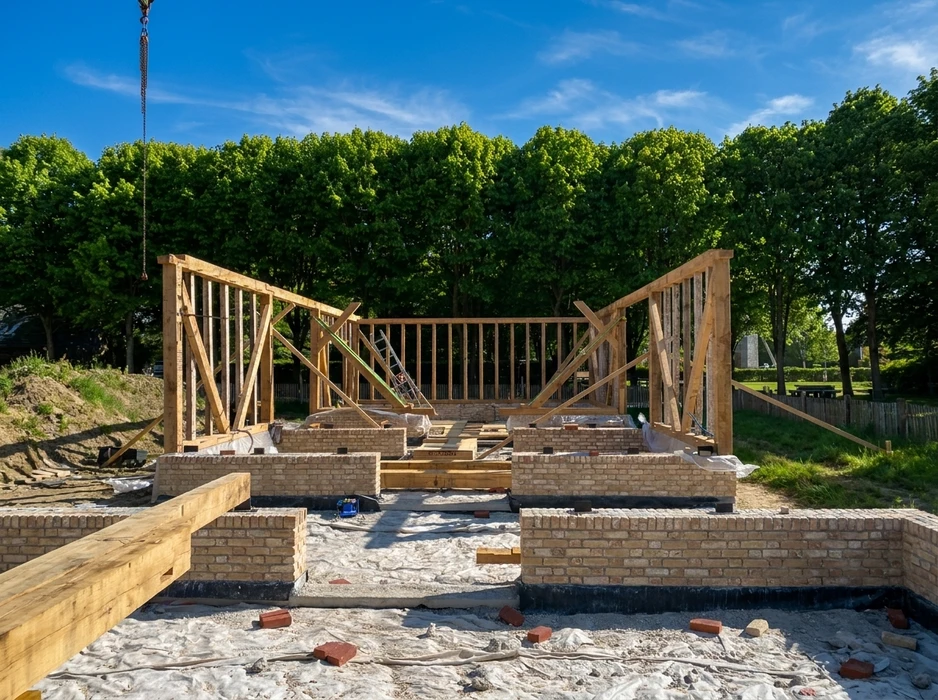 Construction d'une maison en cours, vue extérieure de jour