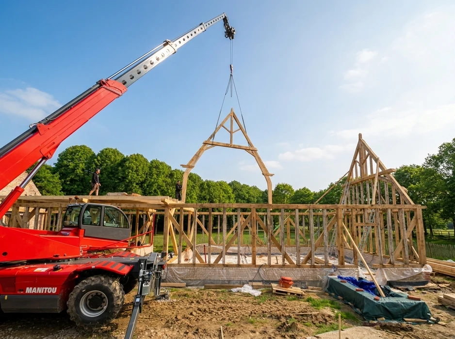 Chantier de construction extérieur avec charpentier inspectant une structure en bois