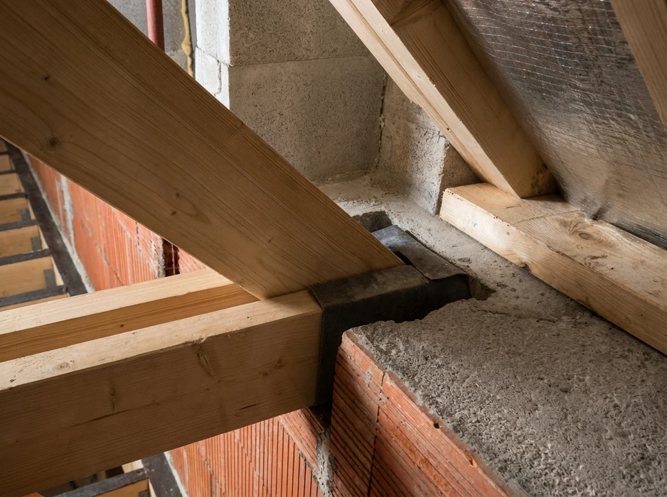 Chantier de toiture en extérieur, vue en contre-plongée