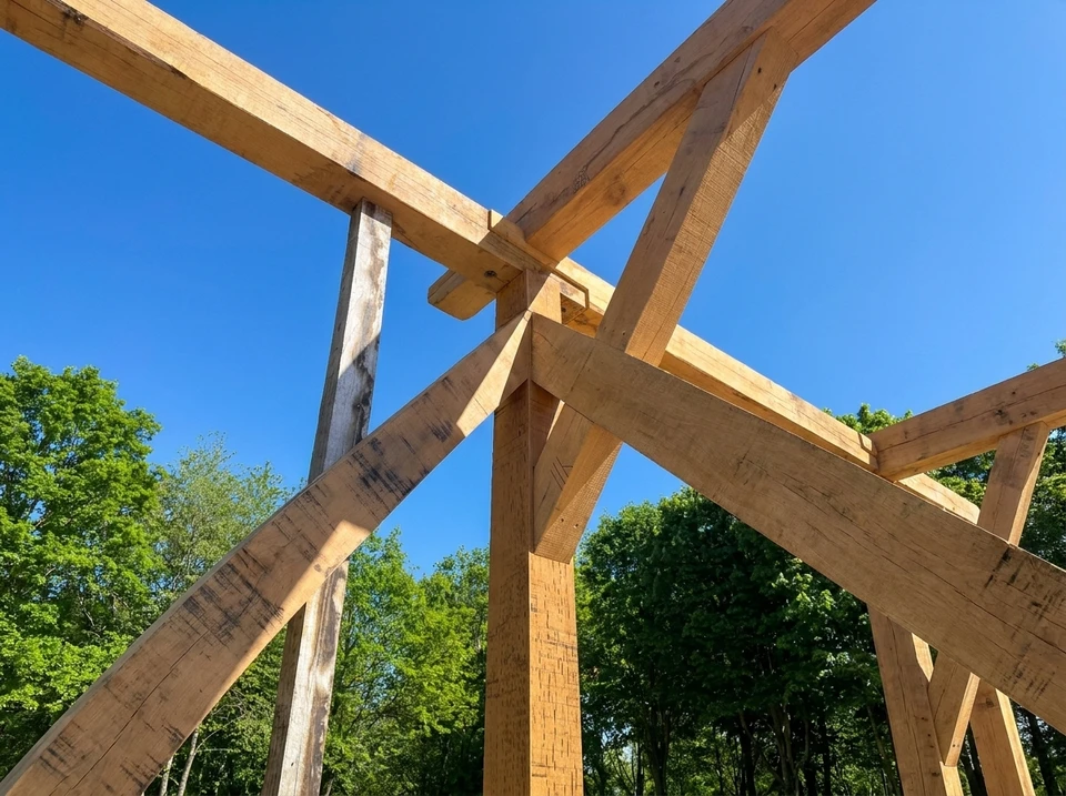 Intérieur d'une construction en bois massif avec charpente apparente